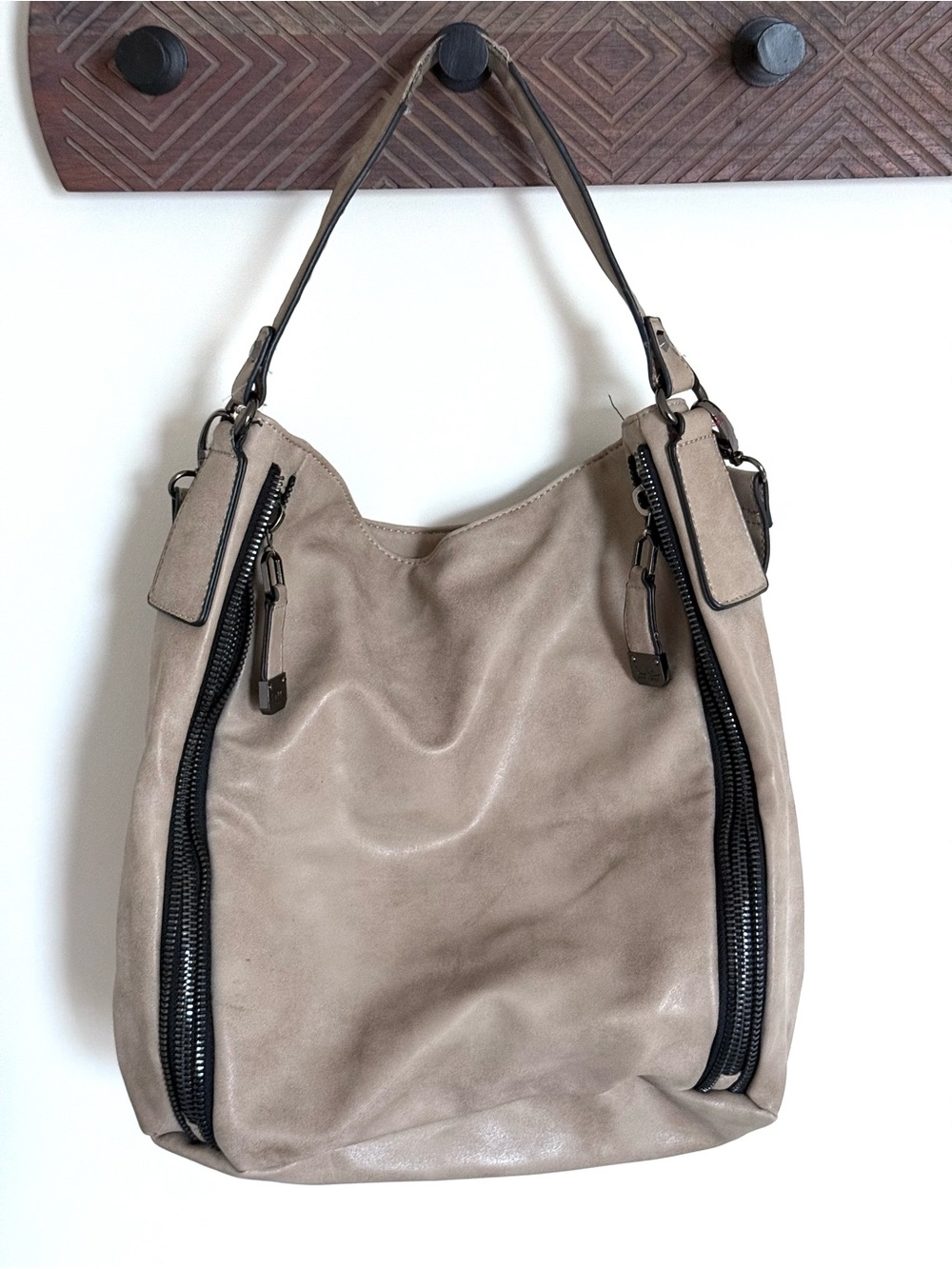 Nicole Miller Taupe Faux Leather Zipper Accent Satchel Shoulder Bag Tote Purse